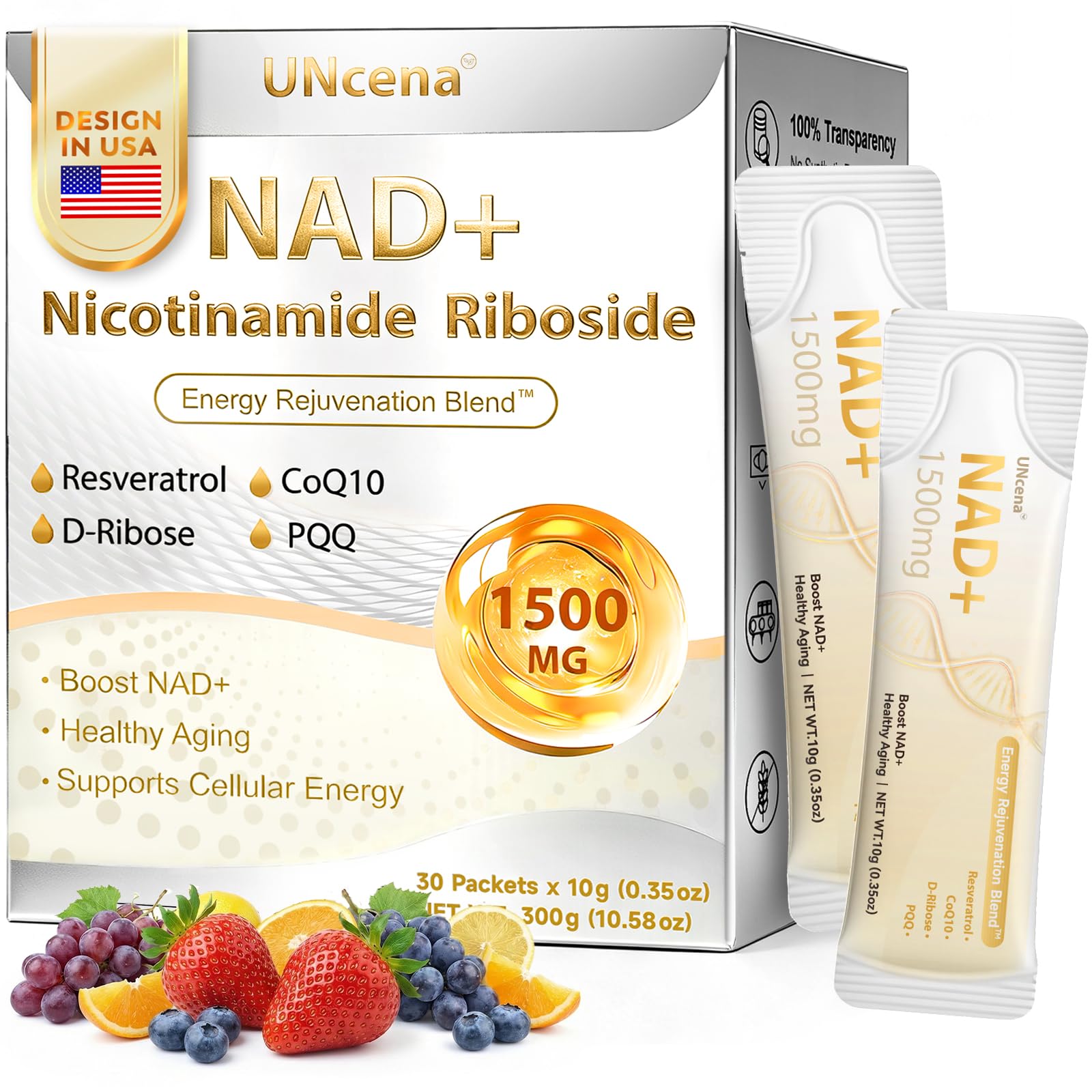 UNcena NAD+ liquid bottle showing 1500 mg formula for daily energy support