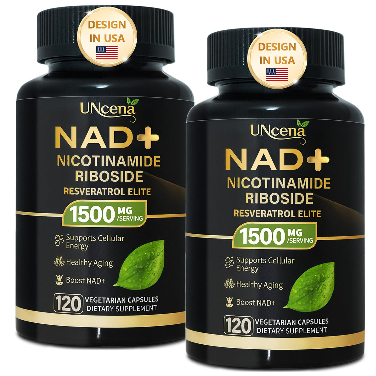UNcena NAD supplement bottle front view showing 120 capsules for daily cellular energy support.