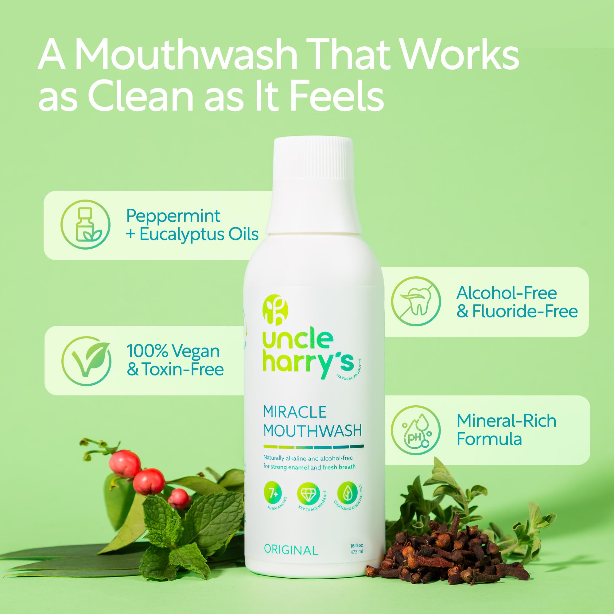 Label close-up of Uncle Harry's Miracle Mouthwash showing natural formula