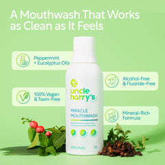 Label close-up of Uncle Harry's Miracle Mouthwash showing natural formula