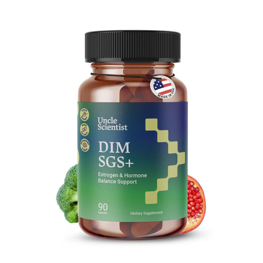 Uncle Scientist DIM SGS+ bottle close-up showing label and ingredients for hormone balance support.