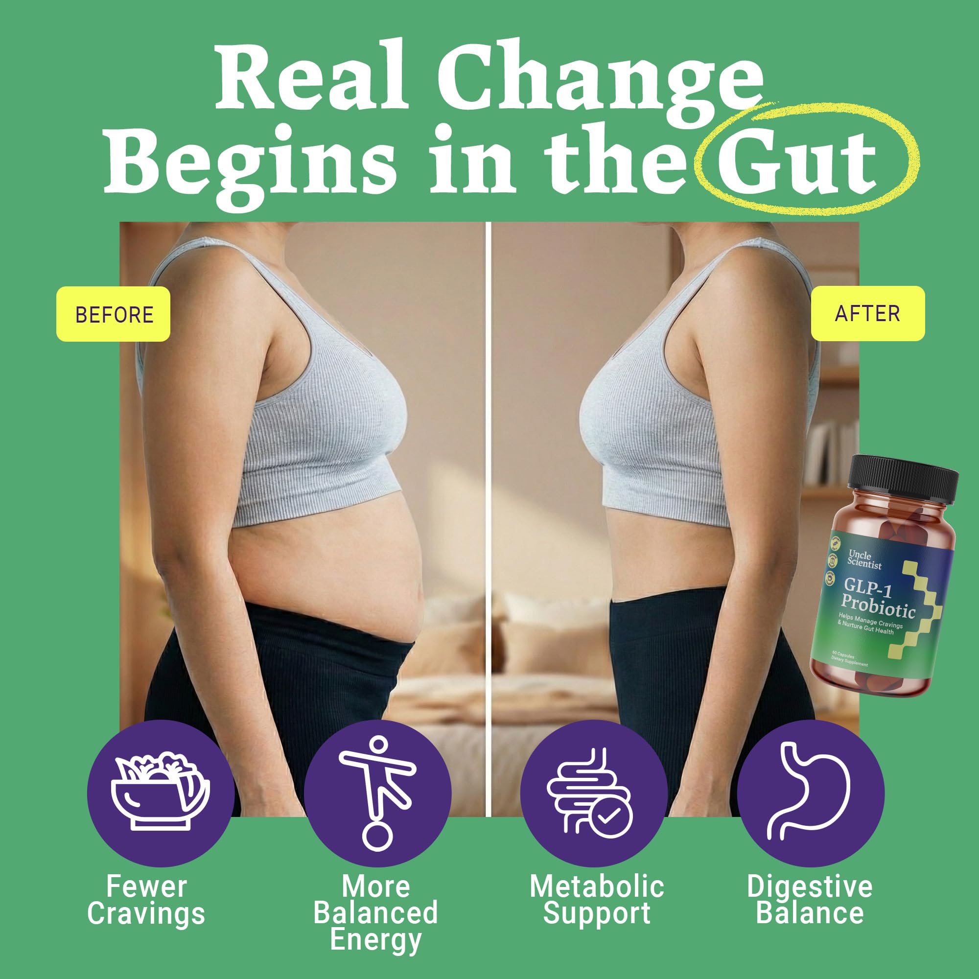 Uncle Scientist GLP-1 capsules pictured with a meal to show take-with-food guidance