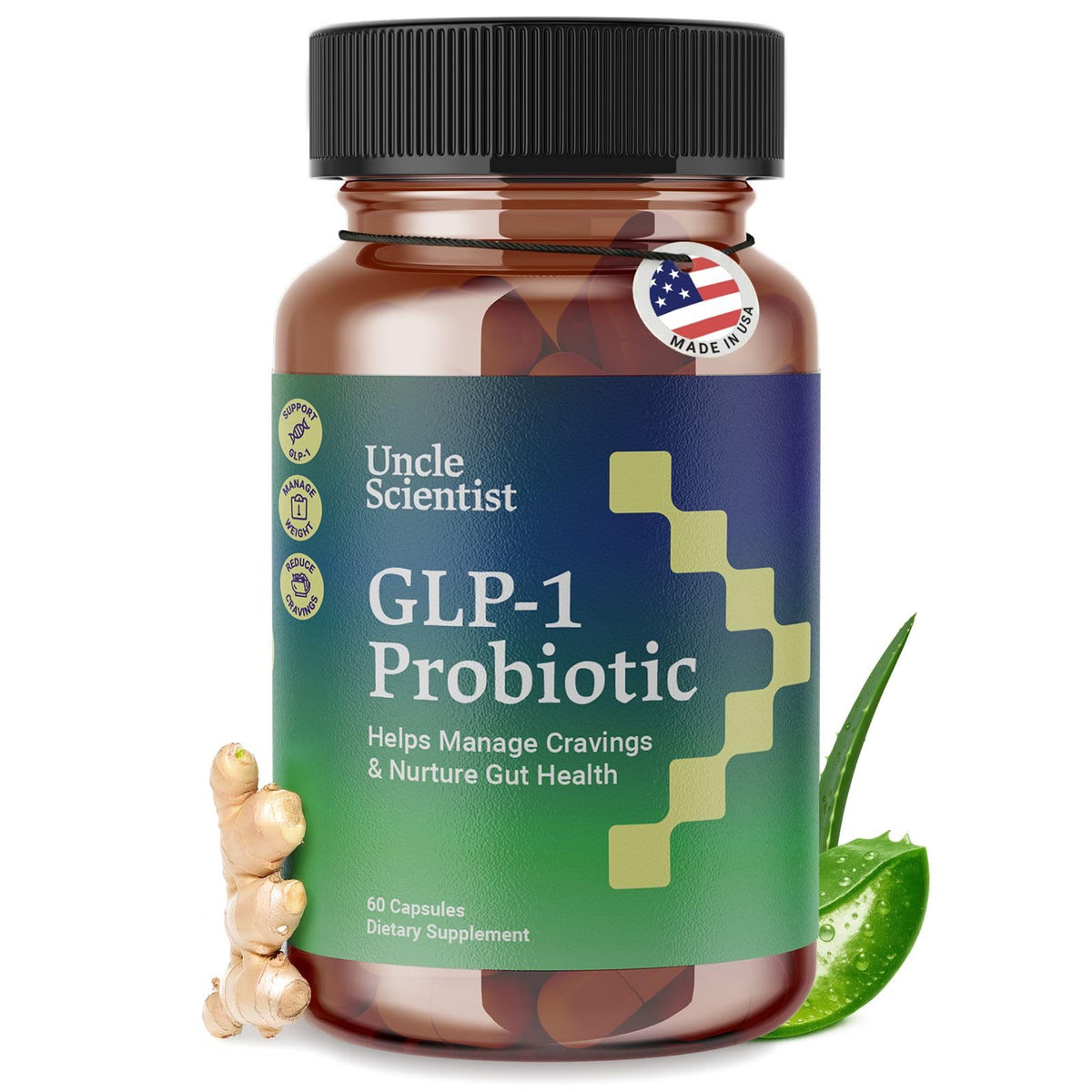 Uncle Scientist GLP-1 probiotic supplement bottle supports healthy appetite as part of routine