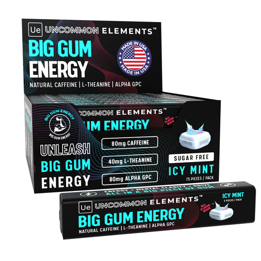 Uncommon Elements Big Gum Energy bottle closeup for a quick focus boost