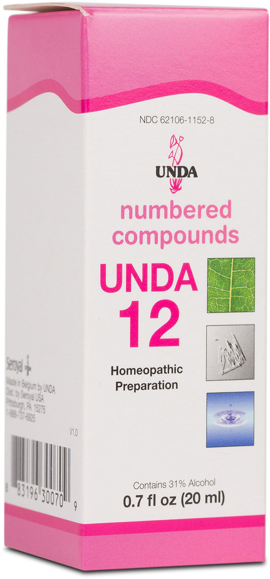 UNDA 12 Numbered Compounds bottle pour, highlighting premium homeopathic preparation for daily wellness