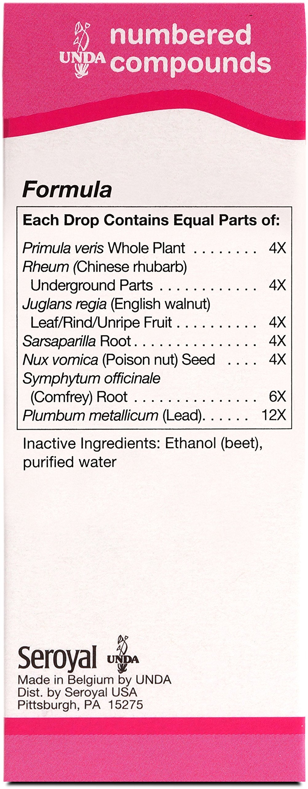 UNDA 41 Numbered Compounds bottle label, notes biodynamically grown herbs and metals.