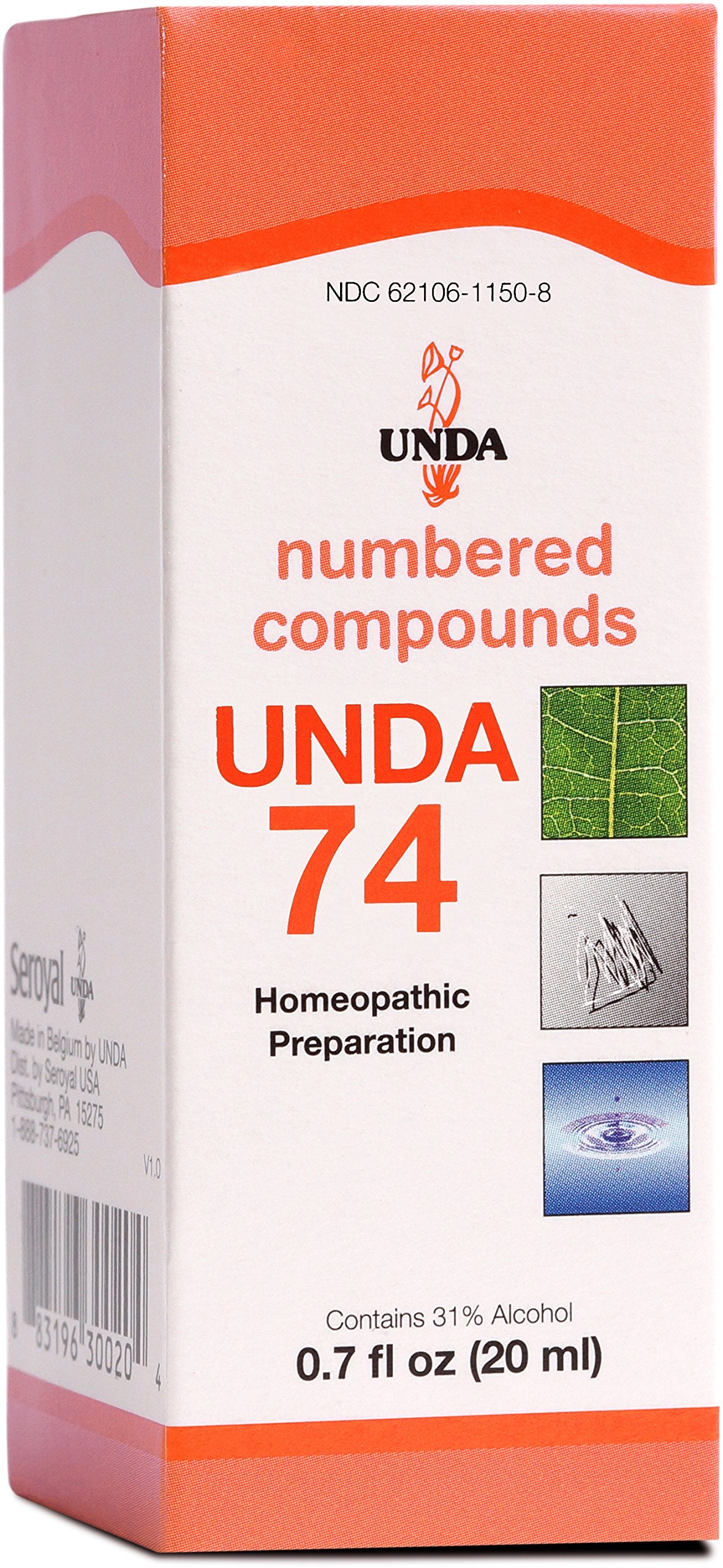 UNDA 74 Numbered Compounds bottle shows the homeopathic formula for targeted organ support.