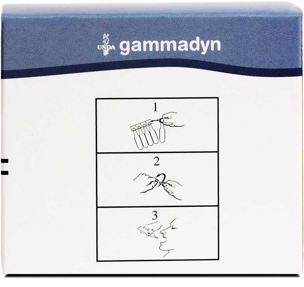 UNDA Gammadyn Mg side-view bottle shows compact 30-ampoule format.