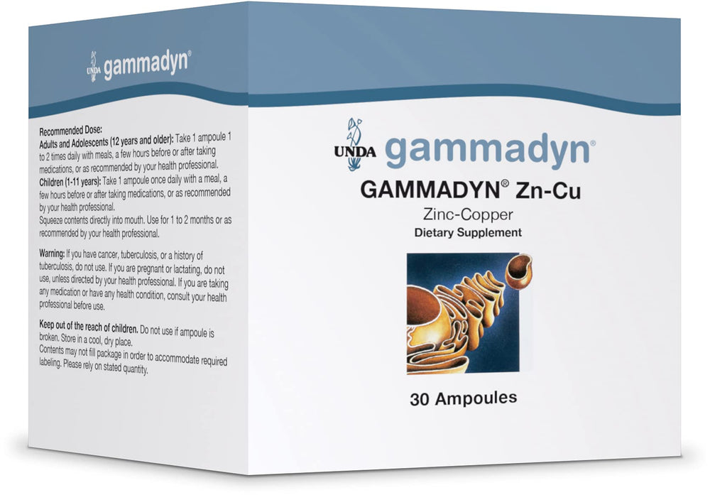 UNDA Gammadyn Zn-Cu ampoules packaging shows convenient trace-element intake.