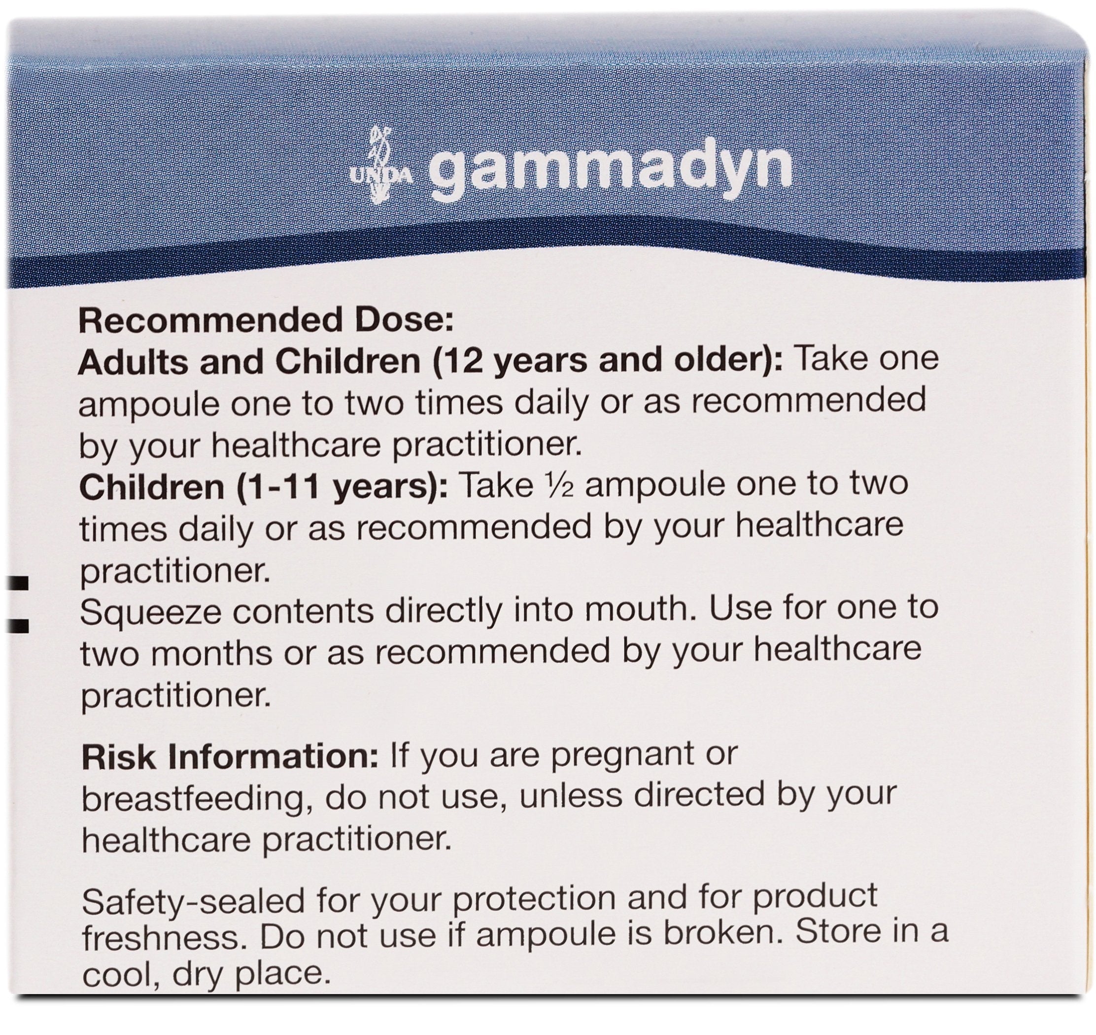 Label close-up of UNDA Gammadyn Zn-Cu emphasizing purity and sourcing.