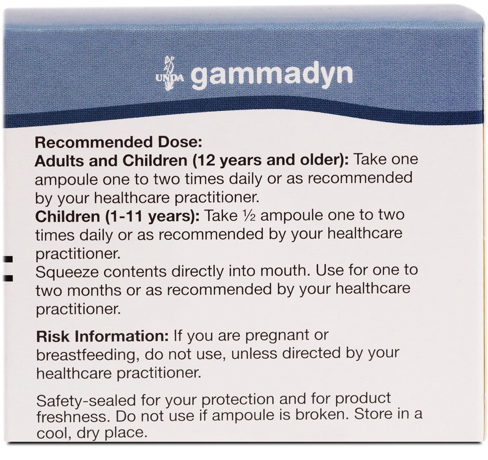 Label close-up of UNDA Gammadyn Zn-Cu emphasizing purity and sourcing.