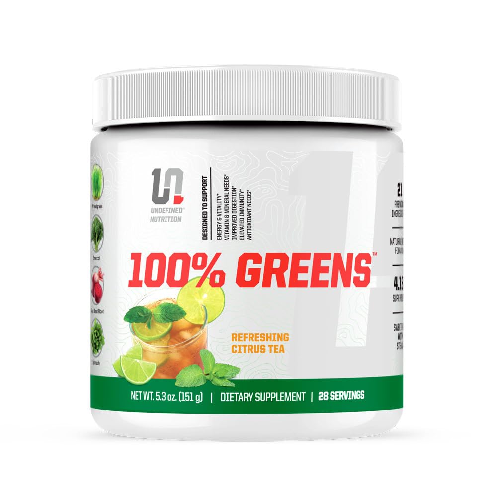 Undefined Nutrition 100% Greens powder bottle for daily nutrient support.