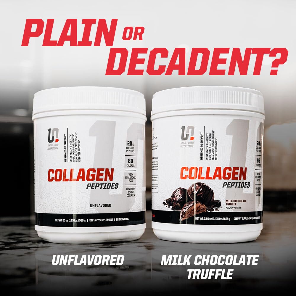 Undefined Nutrition Collagen Peptides with hyaluronic acid tub supports joint comfort and skin elasticity.