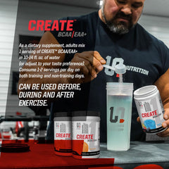 Undefined Nutrition CREATE BCAA/EAA+ blue raz flavor beside gym gear after routine.