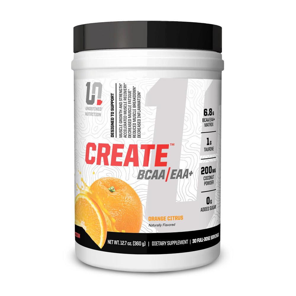 Undefined Nutrition CREATE BCAA/EAA+ bottle poured for steady training support.