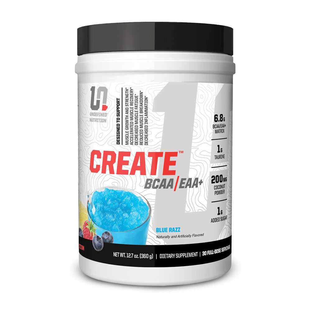 Undefined Nutrition CREATE BCAA/EAA+ bottle highlights recovery support for athletes