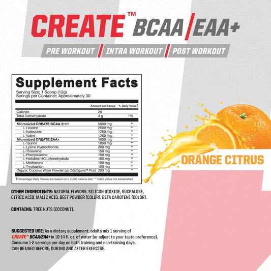 Undefined Nutrition CREATE BCAA/EAA+ label close-up showing 2:1:1 ratio.