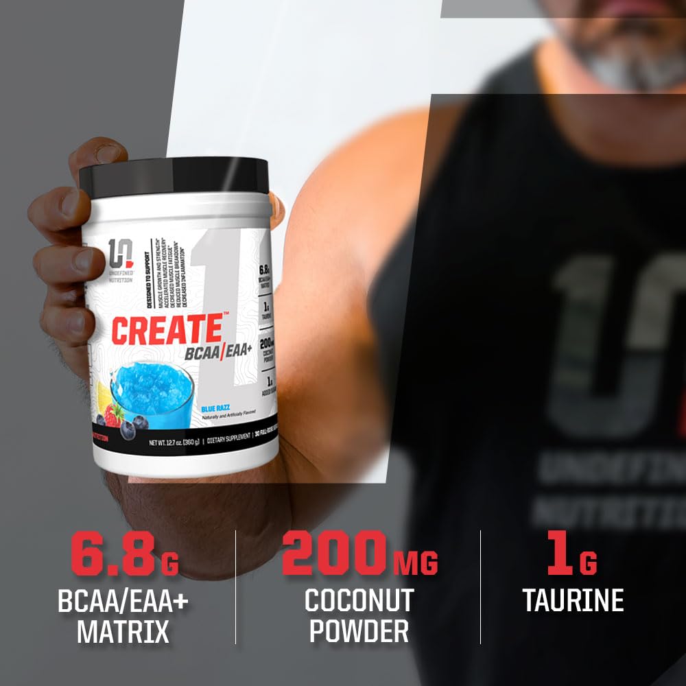 Undefined Nutrition CREATE BCAA/EAA+ Punch flavor supports endurance during workouts.