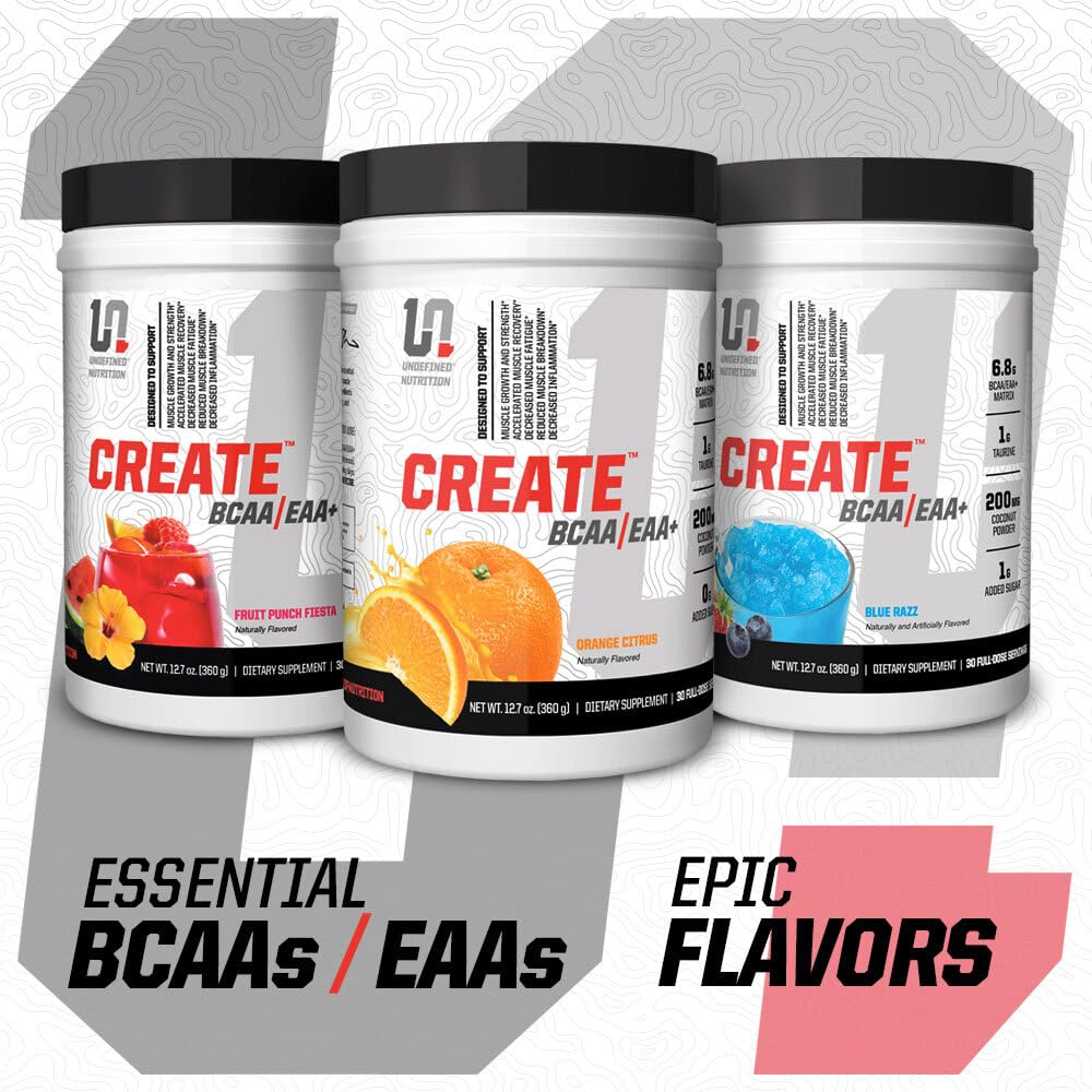 Undefined Nutrition Create BCAA/EAA+ orange citrus flavor close-up pouring.