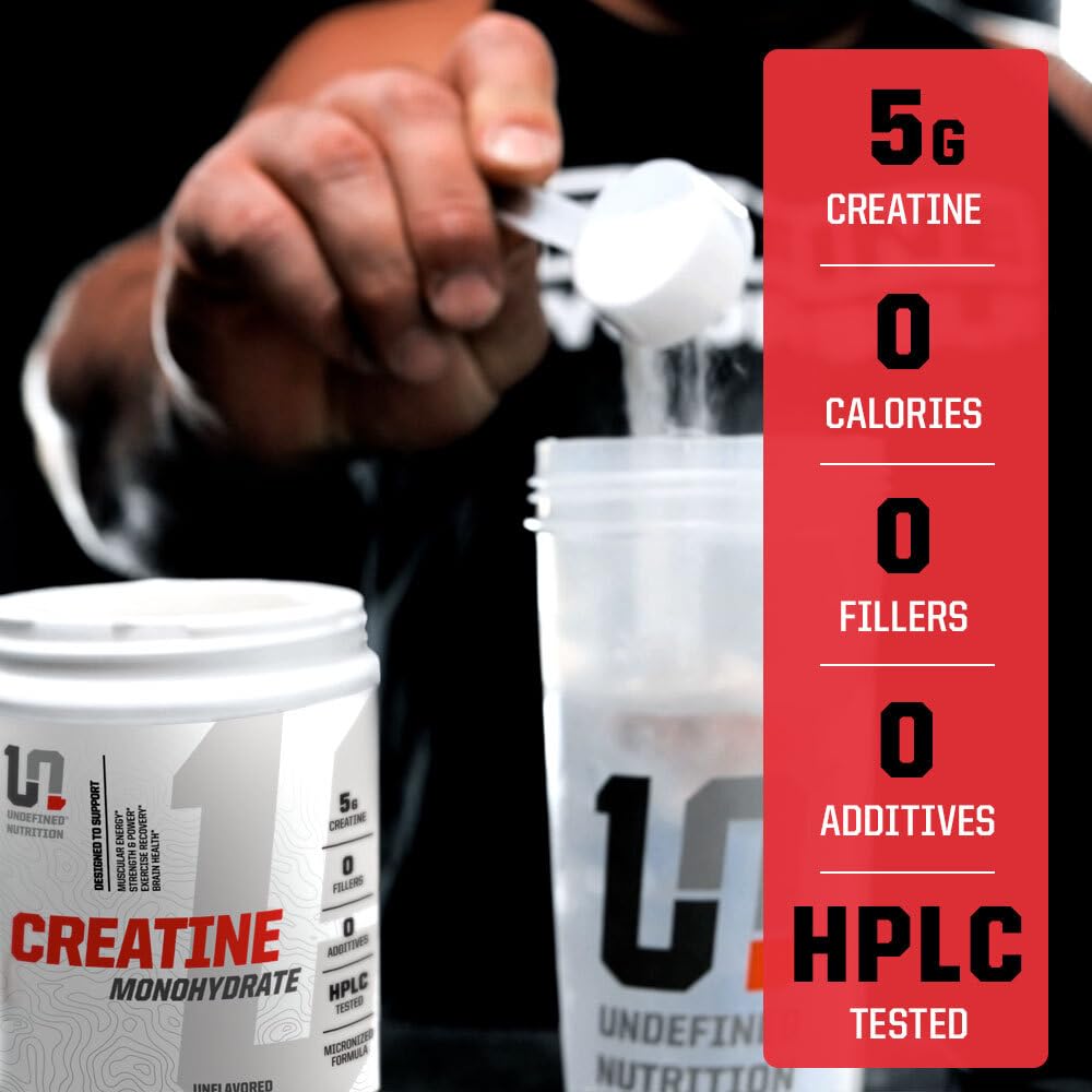 Undefined Nutrition Creatine Monohydrate label close-up showing purity and calories info