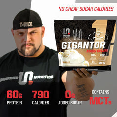 Chocolate-flavored Gigantor Mass Gainer ready to mix with milk or water.