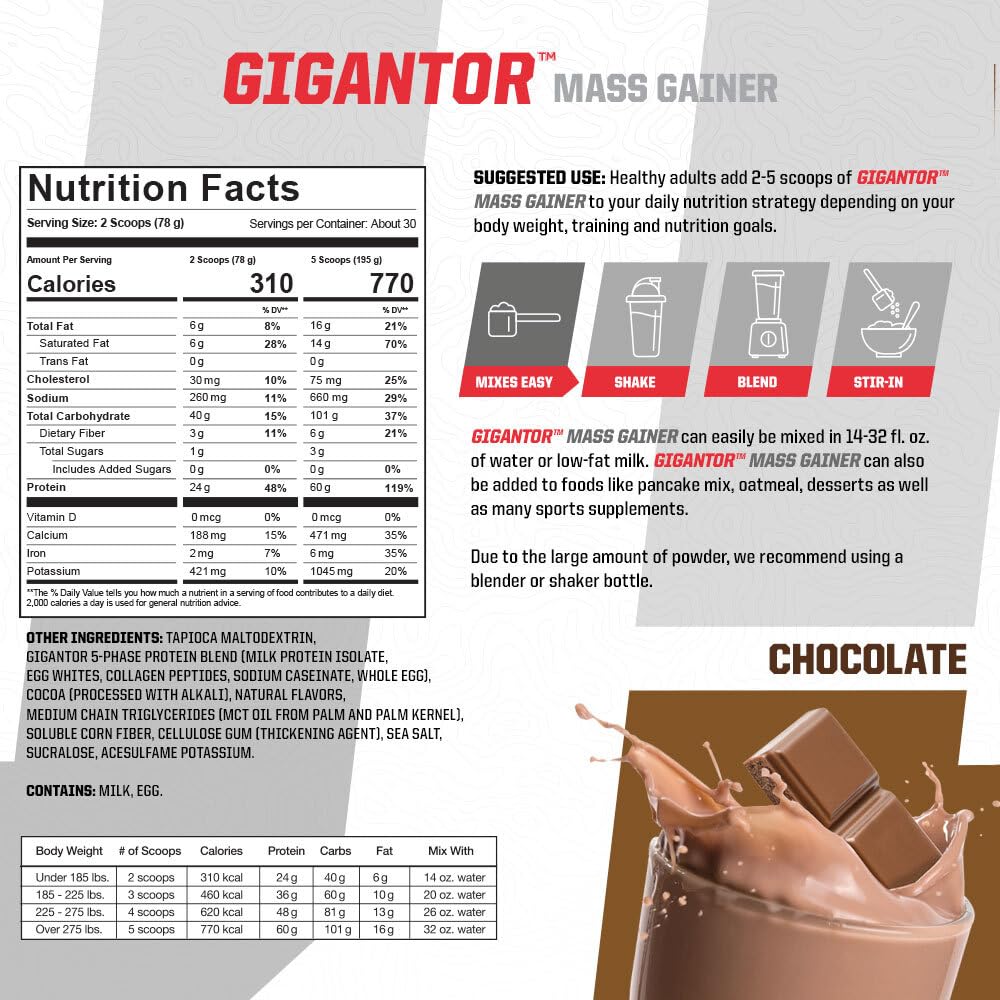 Gigantor Mass Gainer scoop shown for precise measurement and portioning.