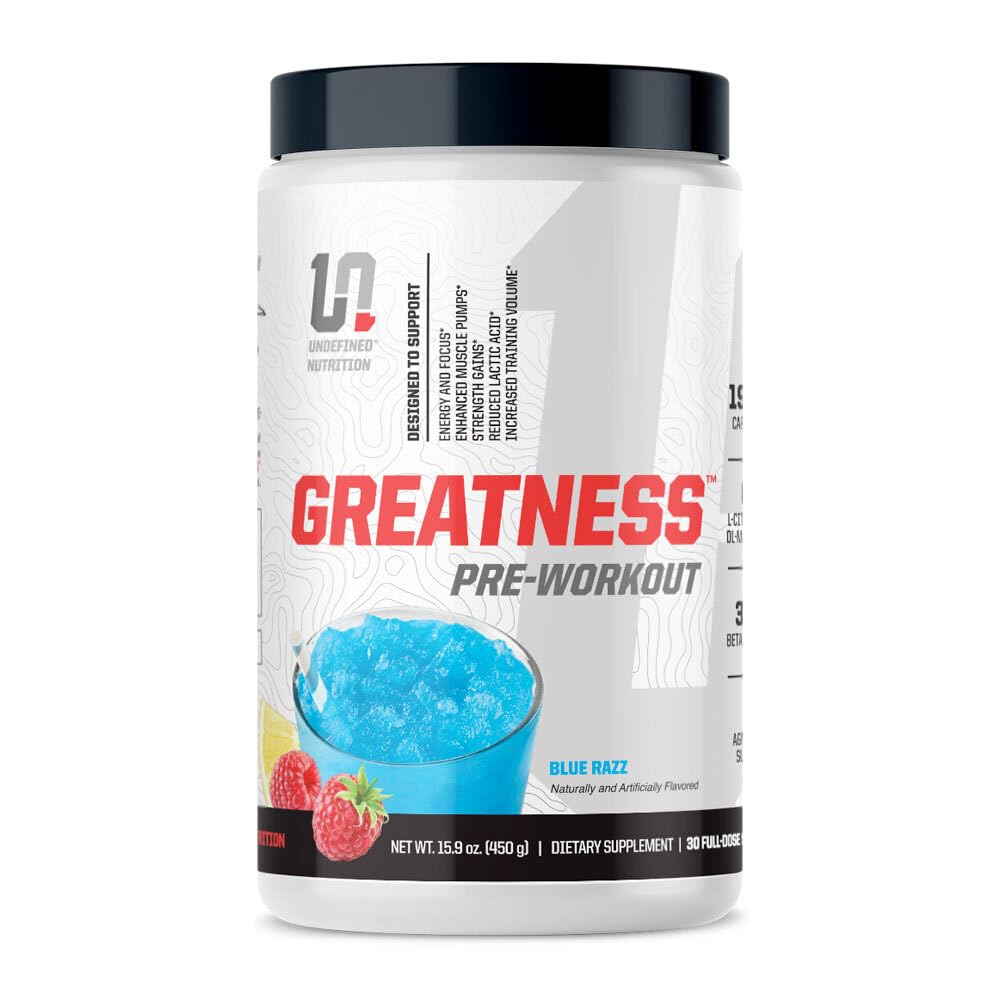 Undefined Nutrition Greatness Pre-Workout blue razz bottle energizes fast-paced workouts