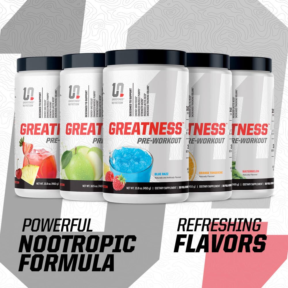 Undefined Nutrition Greatness Pre-Workout caffeine-boost close-up highlights alert energy