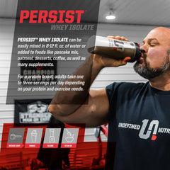 Undefined Nutrition Persist Whey Isolate mixed in water, quick post-workout shake option.