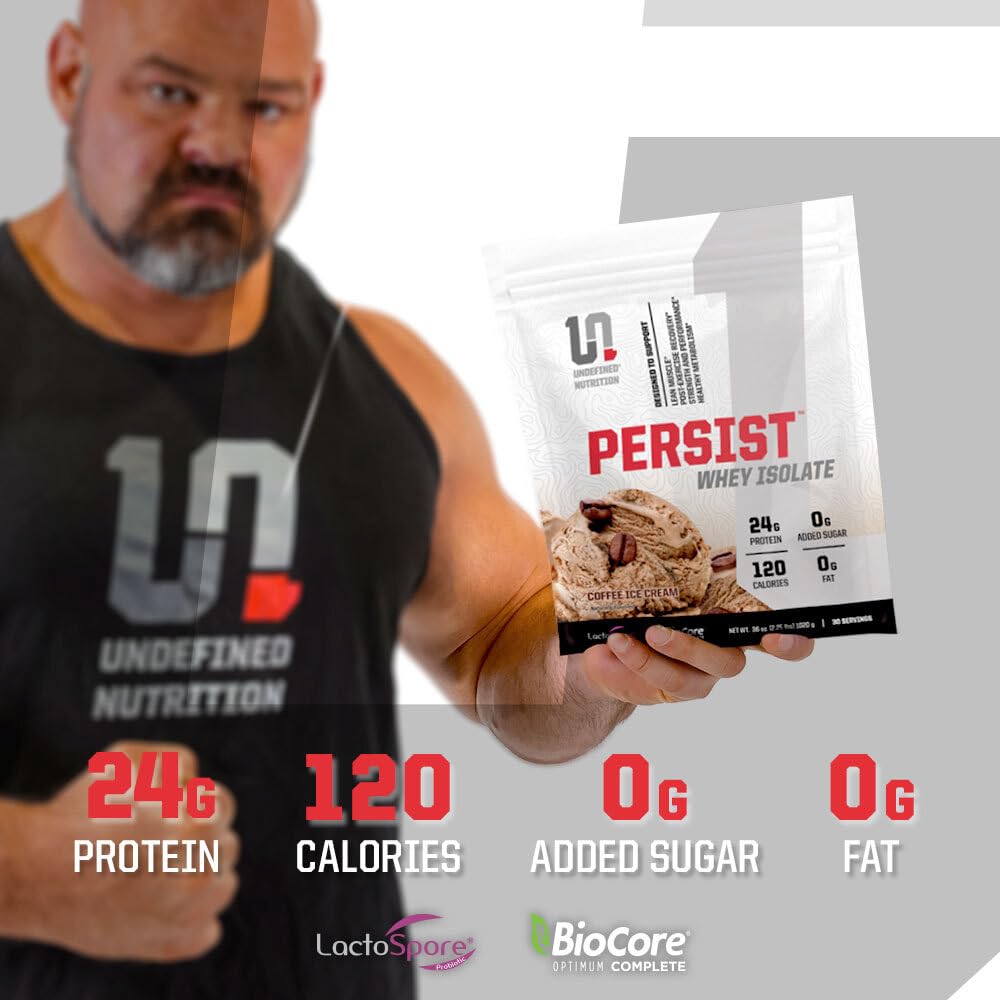 Undefined Nutrition Persist Whey Isolate packaging on shelf, gluten-free formula for daily protein support.