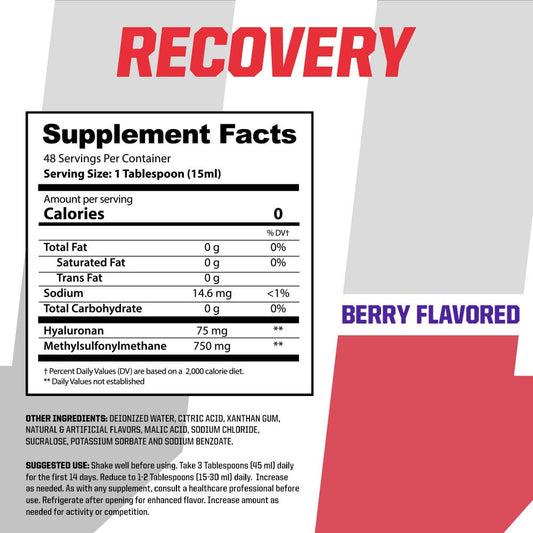 Undefined Nutrition Recovery HA-MSM ingredients close-up highlighting joint health support.