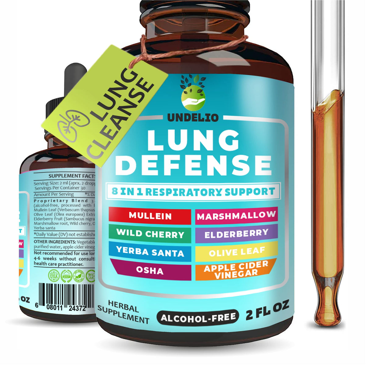Undelio 8 in 1 Lung Defense bottle front showing a potent herbal blend for daily respiratory support