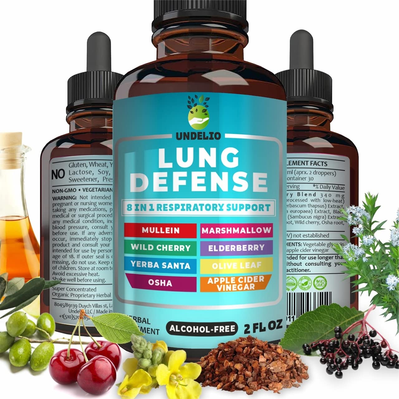 Undelio 8in1 Lung Defense bottle pour illustrating easy dosing for daily use