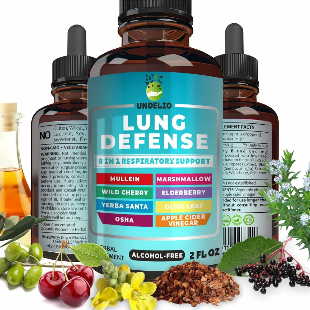 Undelio 8in1 Lung Defense bottle pour illustrating easy dosing for daily use