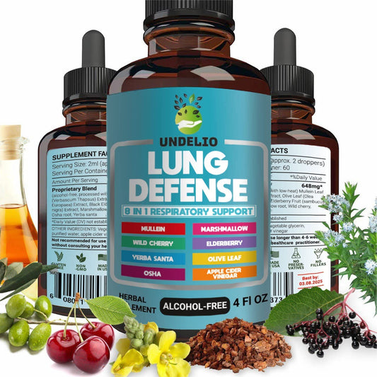 Undelio Lung Defense bottle with 4 oz liquid supports respiratory wellness.