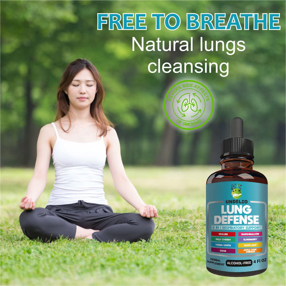Undelio Lung Defense label shot highlights eight active ingredients and safety focus.