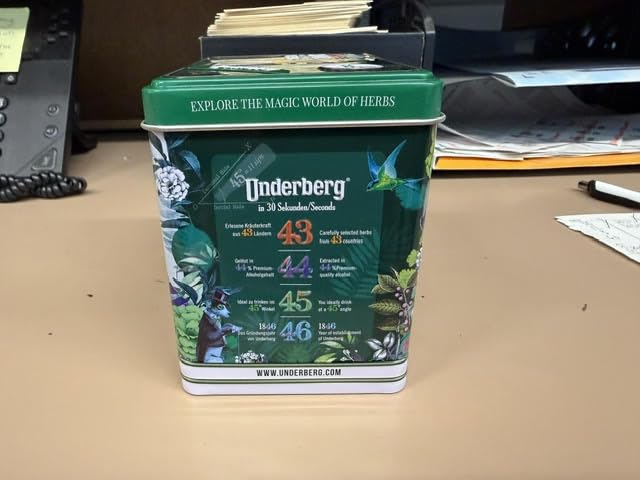 Underberg 12 bottles per tin closeup showing compact packaging
