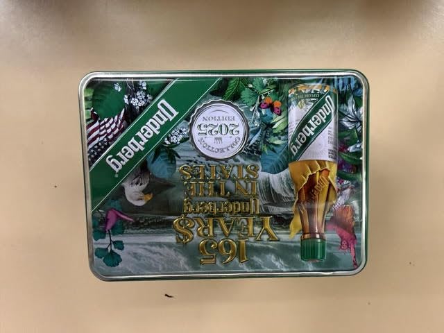 Underberg 2025 Collector Tin back view—premium branding and details.