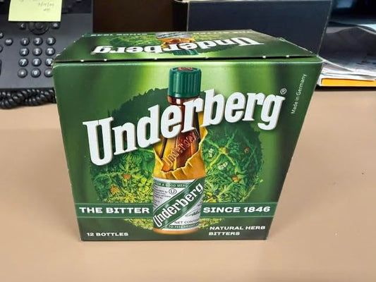 Underberg bottle closeup highlighting herbal aroma and classic packaging