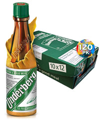 Underberg full case twelve-pack on display after meals for ritual use