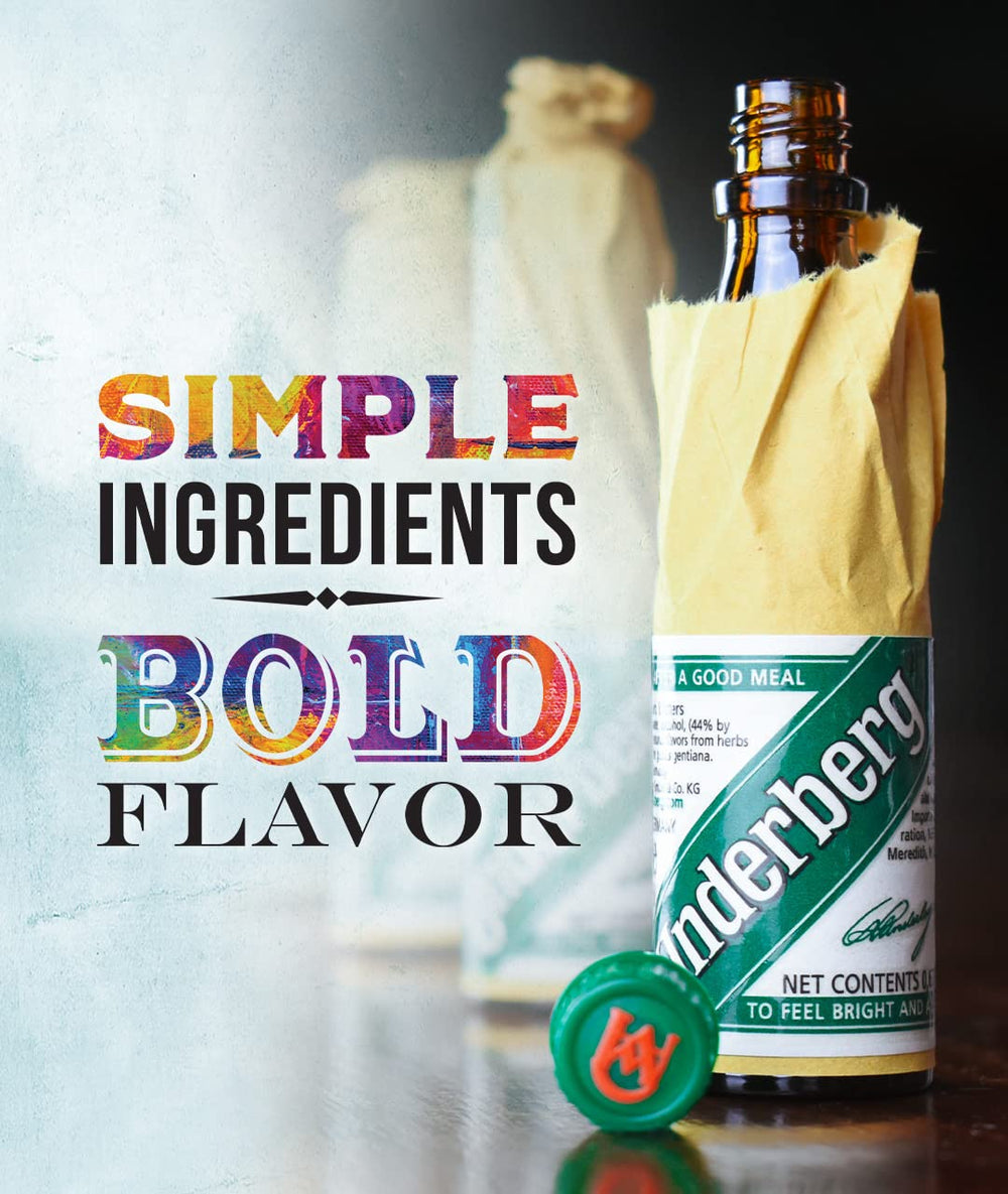 Underberg glass pour with tin—paired tasting-ready moment.