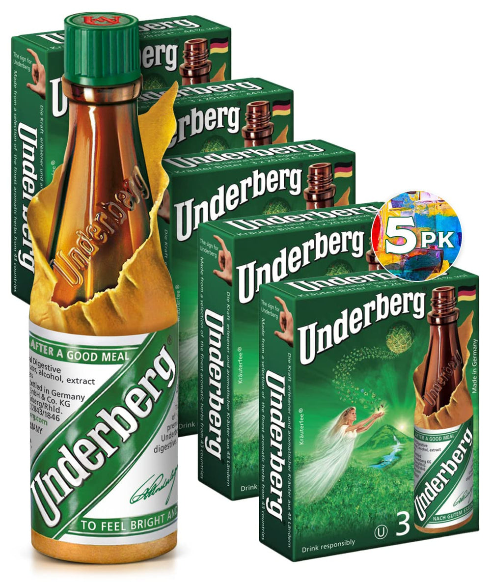 Underberg natural herb bitters pack of five bottles on display for post-meal enjoyment