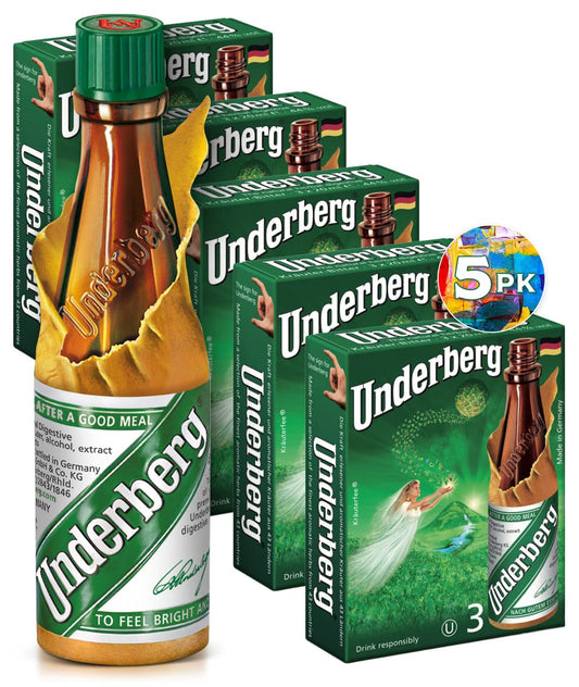 Underberg natural herb bitters pack of five bottles on display for post-meal enjoyment