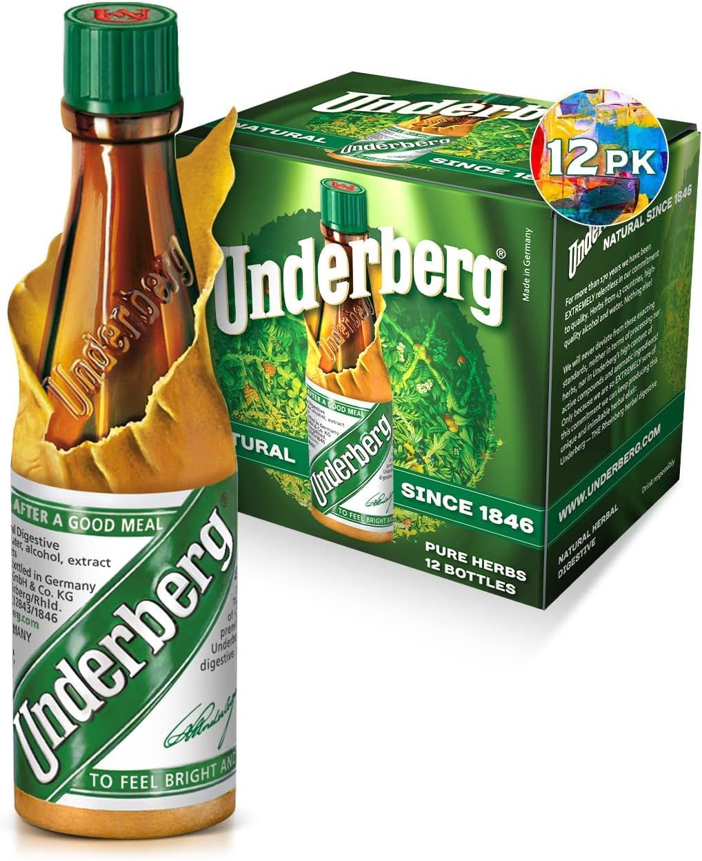 Underberg pack of 12 bottles displayed for gifting and tasting exploration