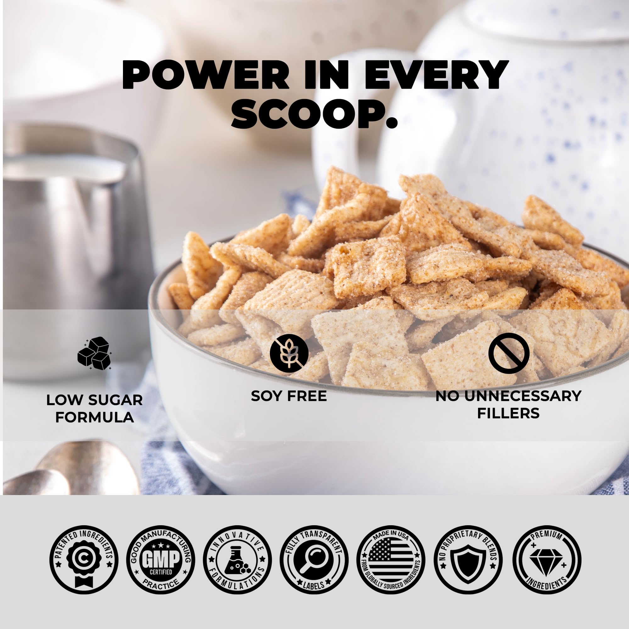 Panda Fuel ingredients chart highlights non-GMO whey, collagen, casein and enzymes.