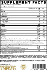 Underground Bio Labs Panda Fuel ingredients lineup shows probiotics and enzymes for digestive support.