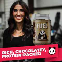 Ingredients badge showing whey isolate and collagen on Panda Fuel label