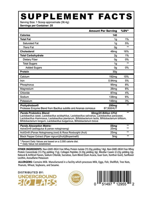 Panda Fuel label close-up highlights premium protein and probiotic blend.