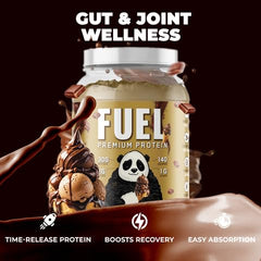 Time-release icon on Panda Fuel packaging indicating steady protein release