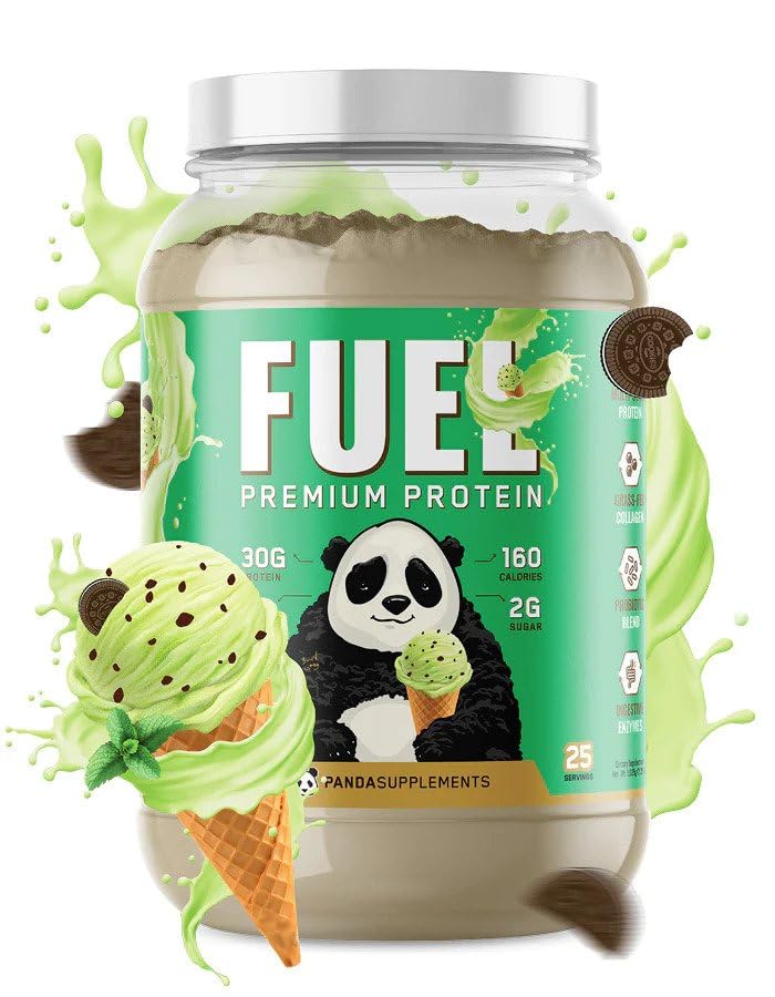 Underground Bio Labs Panda Fuel whey bottle in mint chocolate ice cream flavor, ready for a post-workout shake.